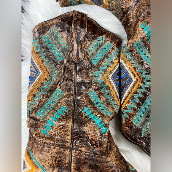 CORRAL WOMEN'S DIAMOND COWGIRL SNIP TOE TURQUOISE COGNAC BOOTS size 6 - Picture 3 of 11